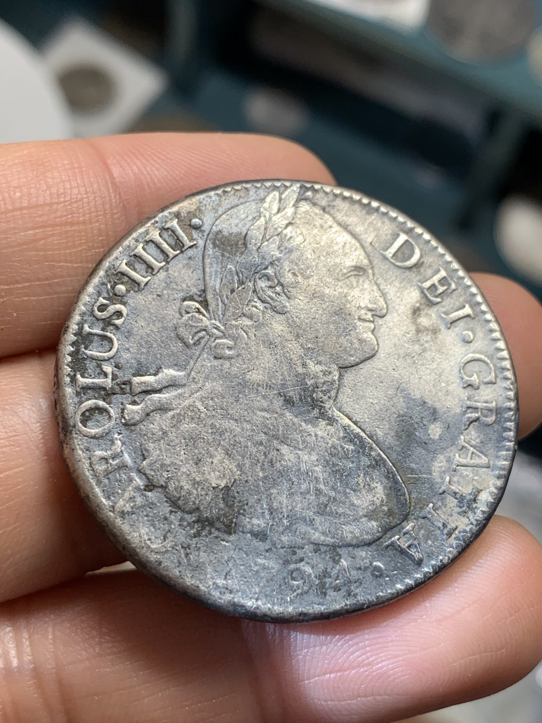 《竞宝斋》第46场-本周日，周一2场连拍（全场顺丰包邮） 西属 墨西哥 1794年 卡四 双柱8R 大银币