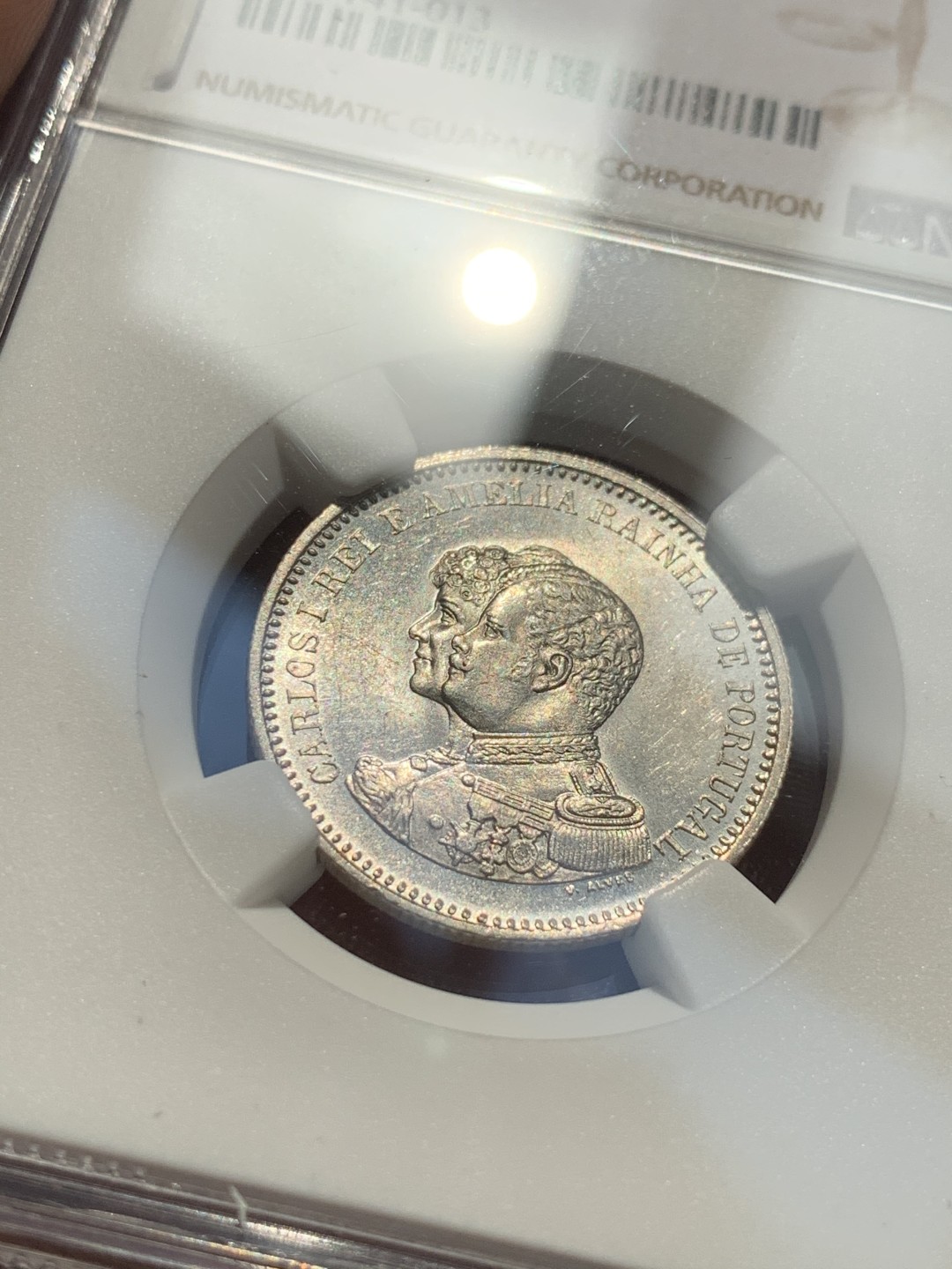 《竞宝斋》第46场-本周日，周一2场连拍（全场顺丰包邮） NGC MS62 葡萄牙1898年200瑞斯银币 光线十足