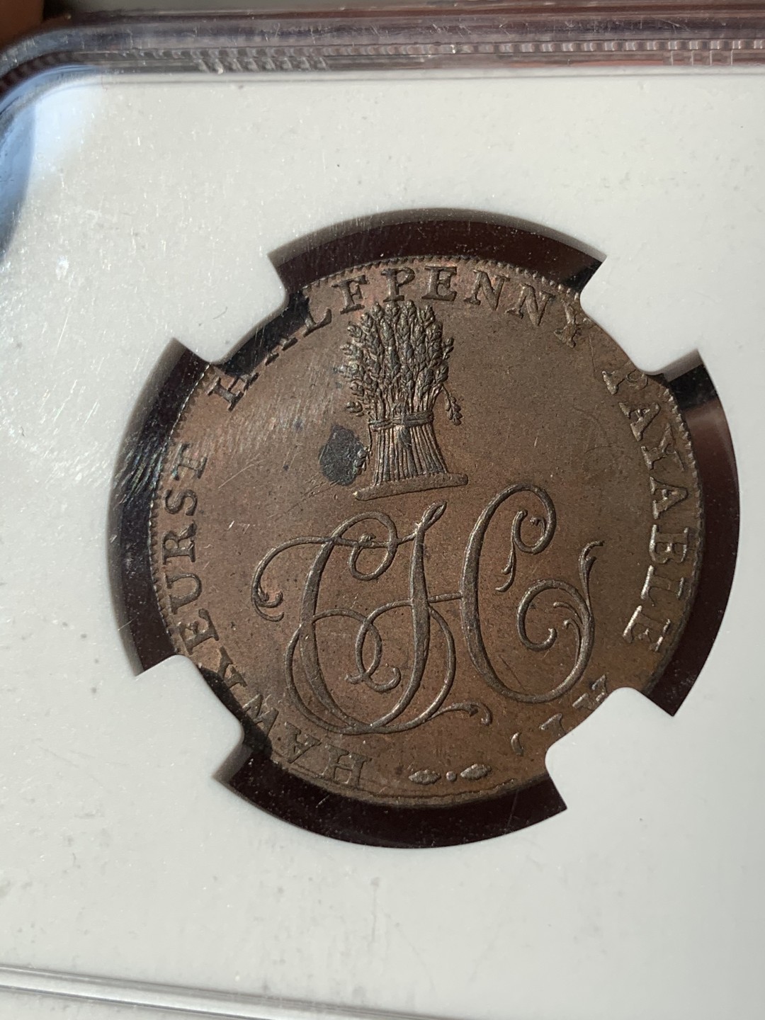 《竞宝斋》第46场-本周日，周一2场连拍（全场顺丰包邮） NGC MS63BN 1794年英国肯特·霍克赫斯特半便士TOKEN 奔马少见品种 NGC季军分