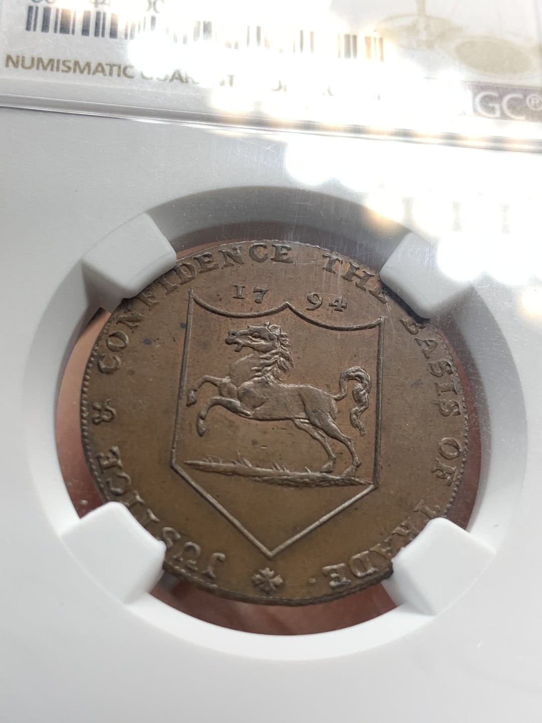 《竞宝斋》第46场-本周日，周一2场连拍（全场顺丰包邮） NGC MS63BN 1794年英国肯特·霍克赫斯特半便士TOKEN 奔马少见品种 NGC季军分