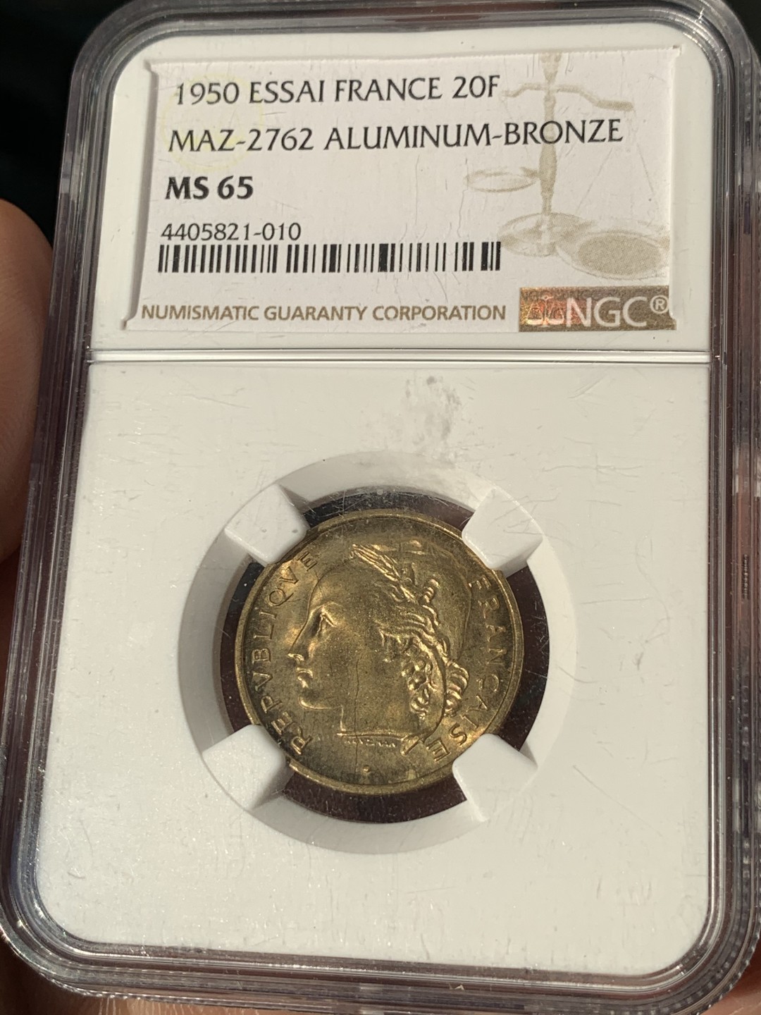 《竞宝斋》第46场-本周日，周一2场连拍（全场顺丰包邮） NGC MS65 法国 1950年 20法郎女神铜样币 MAZ-2762（NGC唯一冠军分）