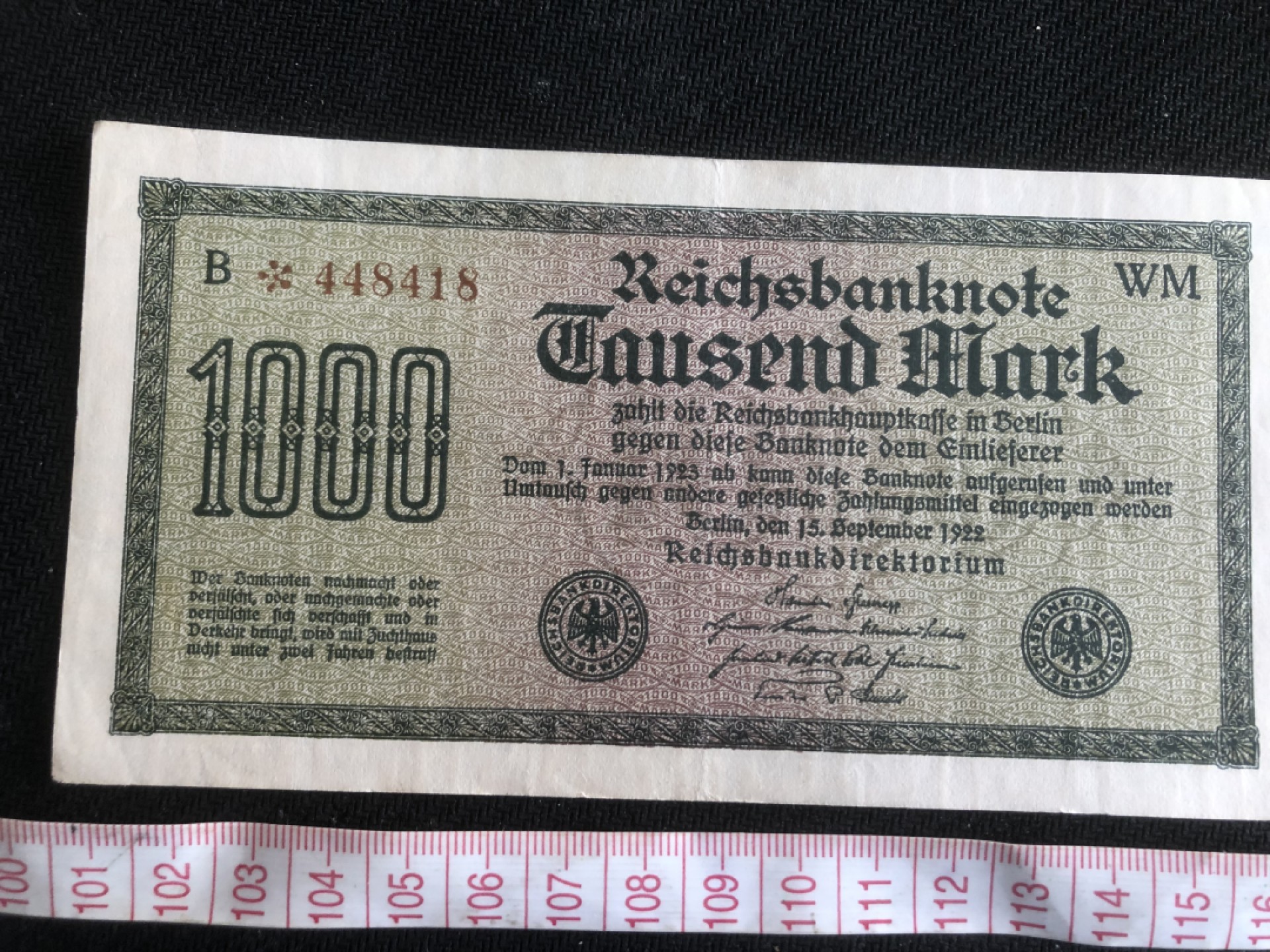 【保诚微拍】【全场包邮】第23期 【德国紧急时期纸币】 【纸币】德国 1922年 1000马克 水印4