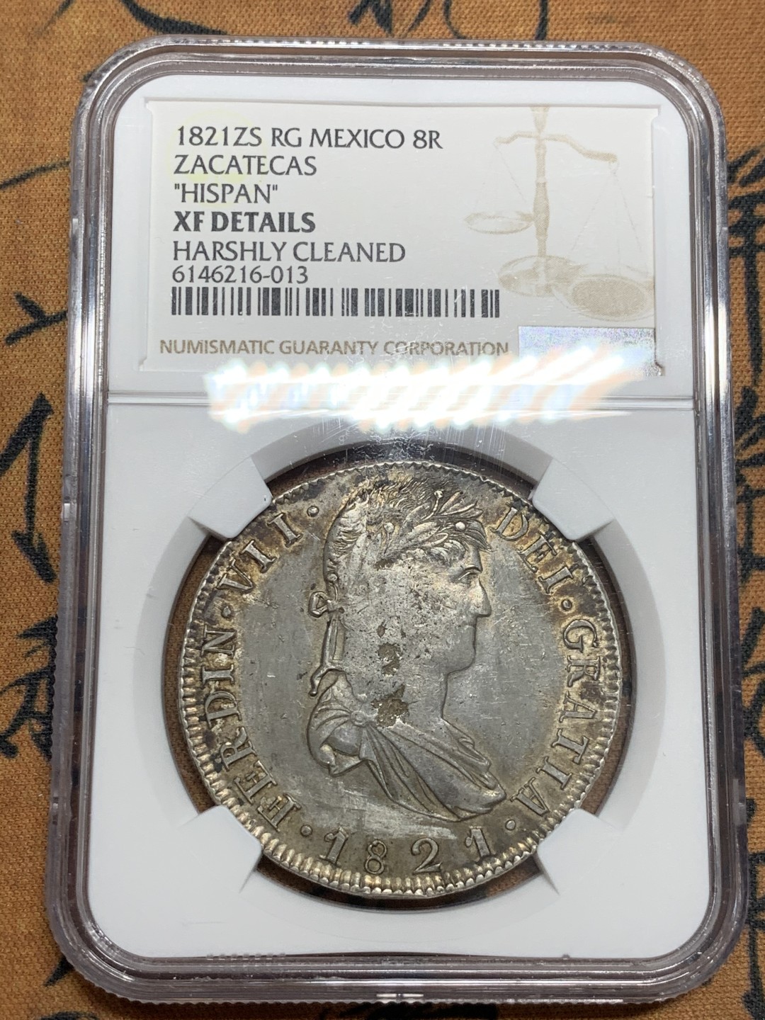 《竞宝斋》第46场-本周日，周一2场连拍（全场顺丰包邮） NGC-XFD  墨西哥内战双柱 萨斯特卡斯ZS厂  1821 8 里亚尔  原味  内战币少