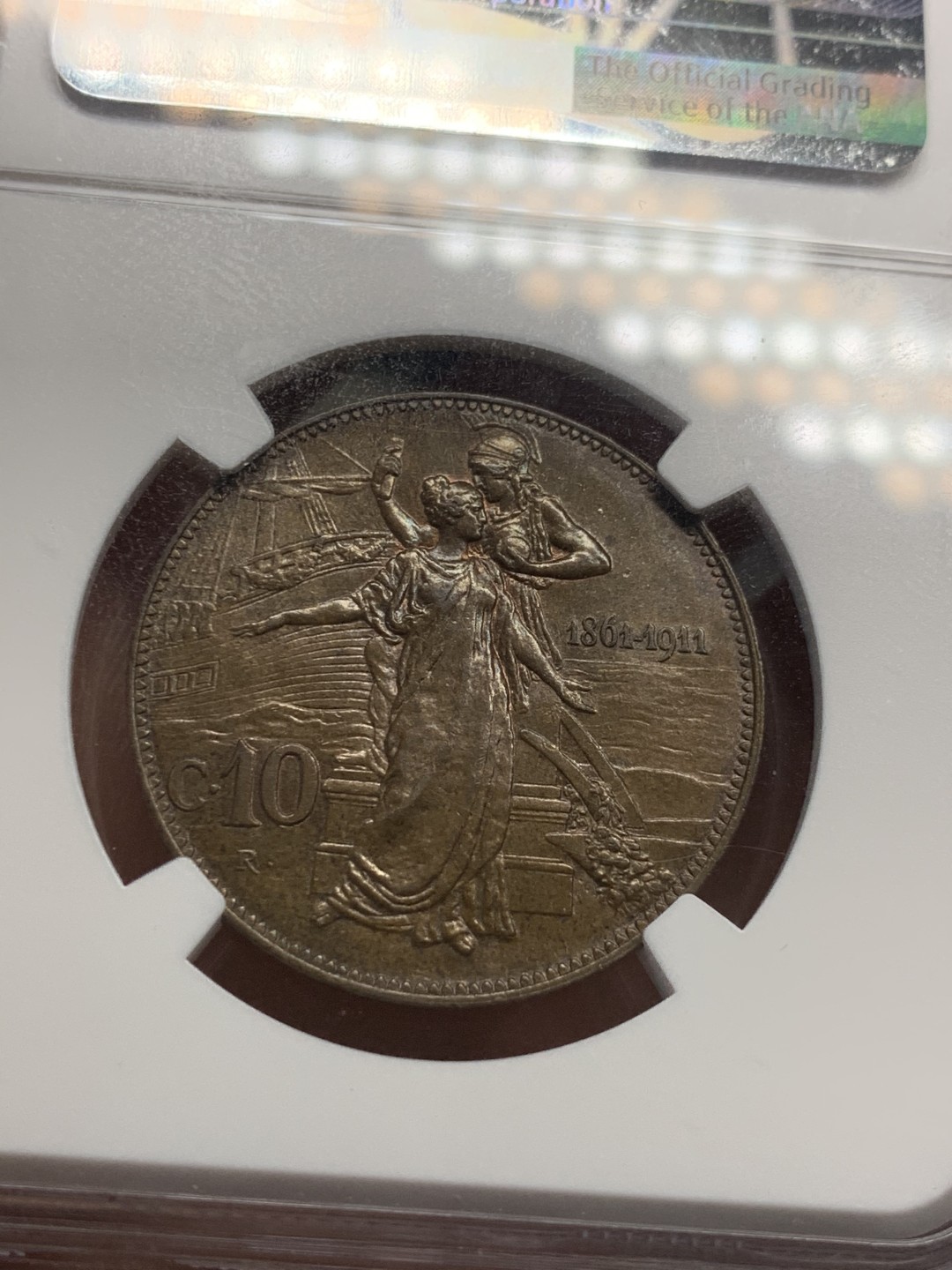 《竞宝斋》第46场-本周日，周一2场连拍（全场顺丰包邮） NGC MS63 BN 意大利 1911 年 10分 托奶 大铜币 高分好状态