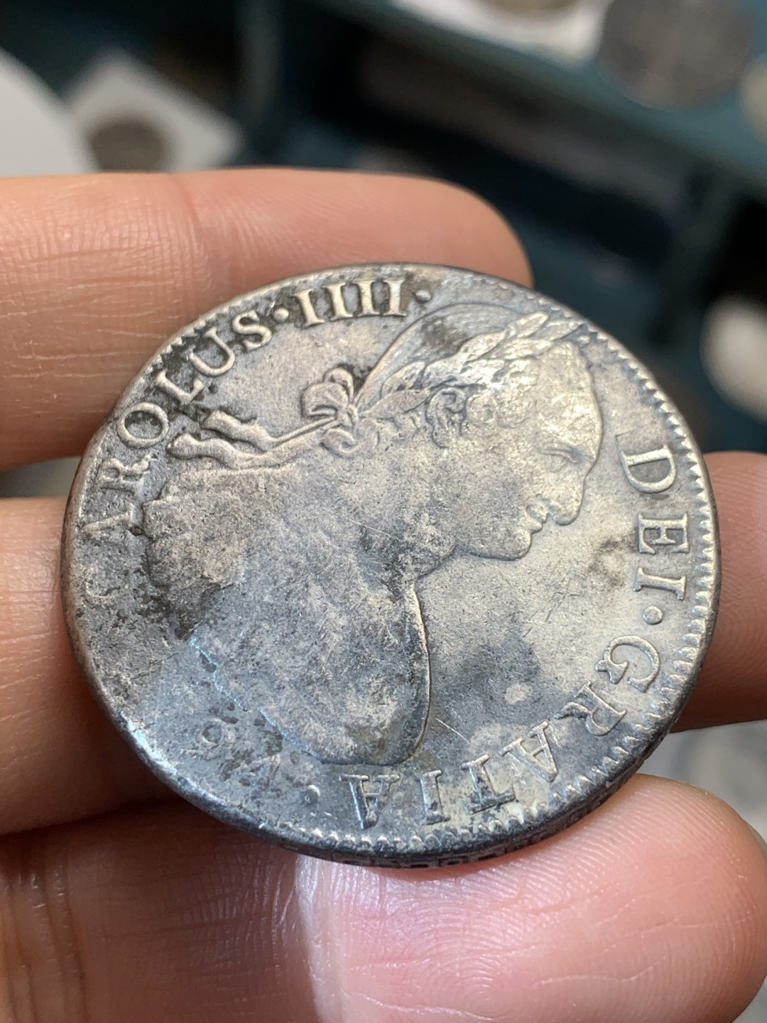 《竞宝斋》第46场-本周日，周一2场连拍（全场顺丰包邮） 西属 墨西哥 1794年 卡四 双柱8R 大银币