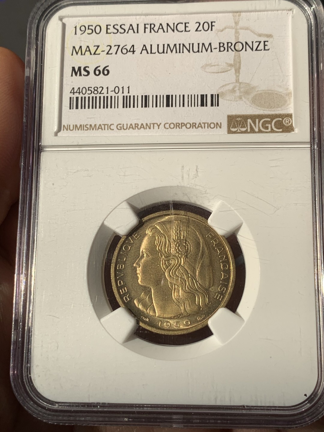 《竞宝斋》第46场-本周日，周一2场连拍（全场顺丰包邮） NGC MS66 法国 1950年 20法郎女神铜样币 MAZ-2764（NGC唯一冠军分）