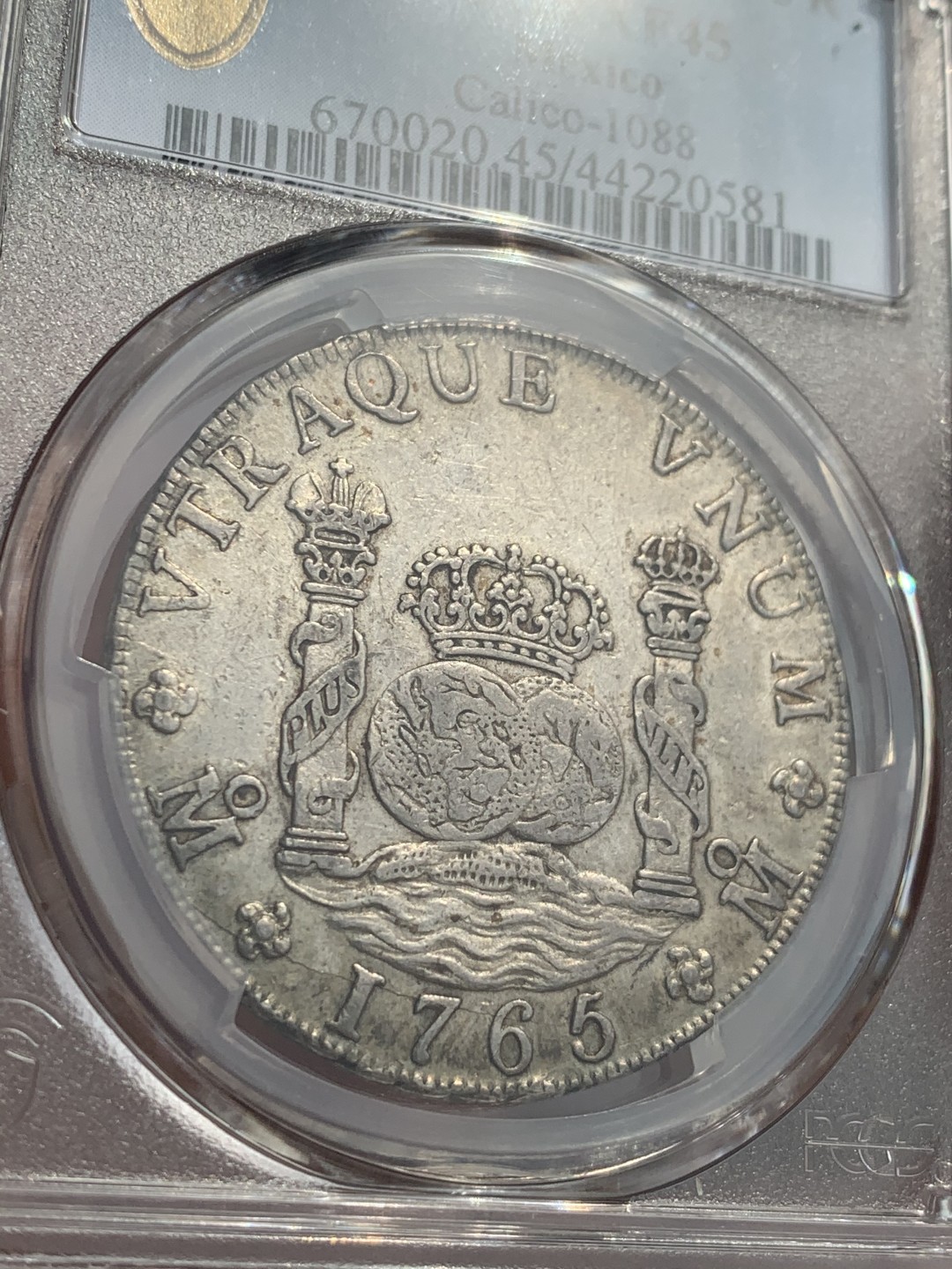 《竞宝斋》第46场-本周日，周一2场连拍（全场顺丰包邮） NGC-XF45  墨西哥地球1765  8 里亚尔  原味彩光  国外大拍都是一千多刀起  收藏最佳选择