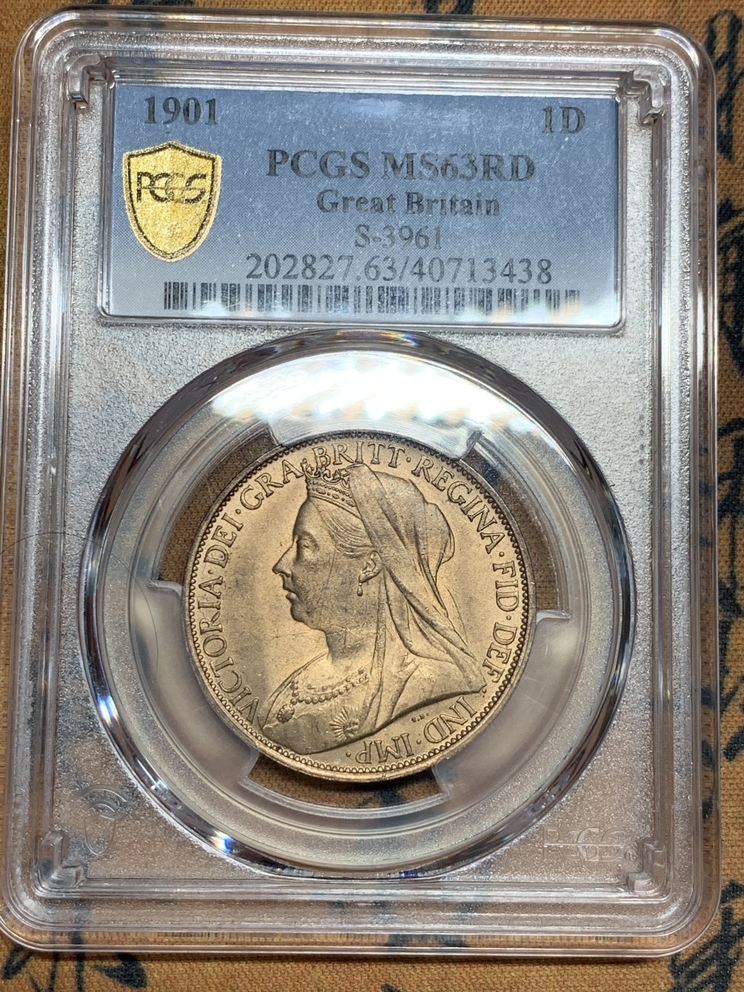 《竞宝斋》第46场-本周日，周一2场连拍（全场顺丰包邮） PCGS-MS63RD 英国 1901年 1便士 极少见RD原铜光 车轮光非常棒 老维披纱末年收藏级