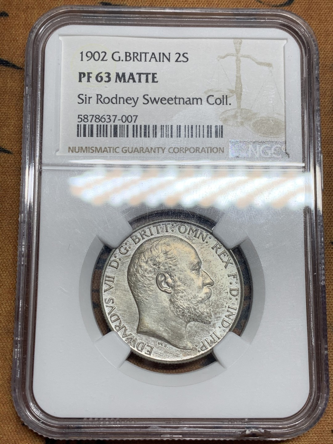 《竞宝斋》第46场-本周日，周一2场连拍（全场顺丰包邮） NGC PF63 MATTTE 英国1902年 爱七精制 海神弗洛林 银币 sir rodney sweetnam coll加收藏标签