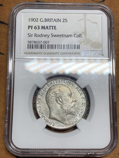 《竞宝斋》第46场-本周日，周一2场连拍（全场顺丰包邮） - NGC PF63 MATTTE 英国1902年 爱七精制 海神弗洛林 银币 sir rodney sweetnam coll加收藏标签