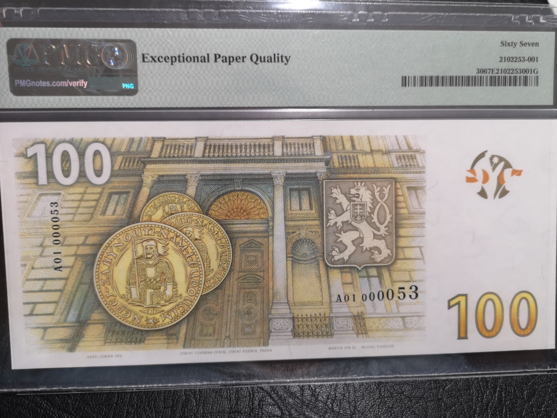 外钞收藏家》第一百七十四期拍卖 2019年捷克100克朗 PMG67纪念钞 十位小号