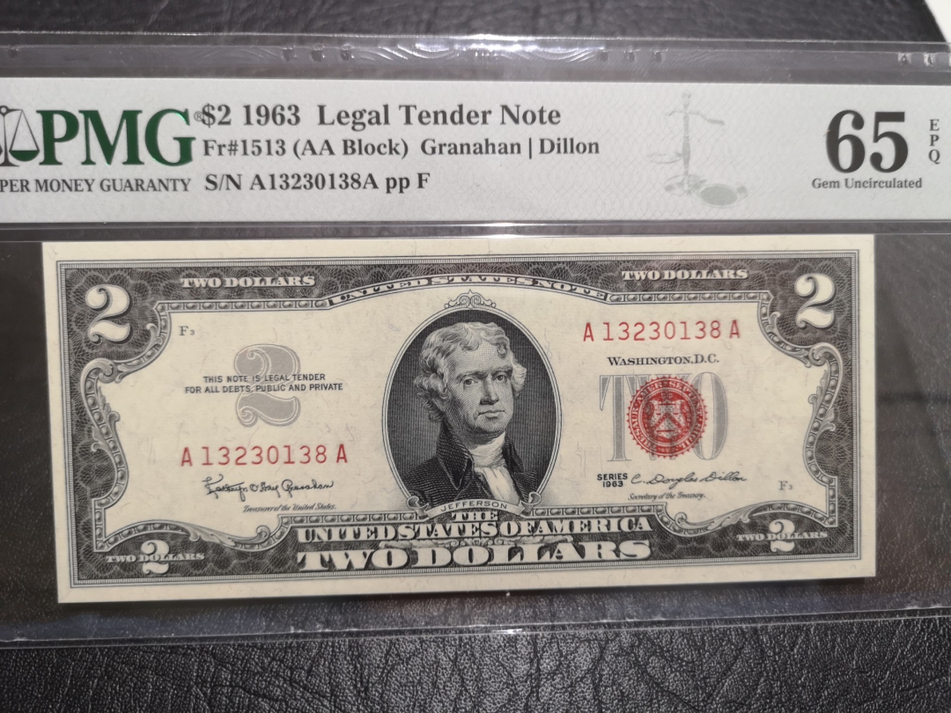 外钞收藏家》第一百七十四期拍卖 1963年2美元 红库印 PMG65