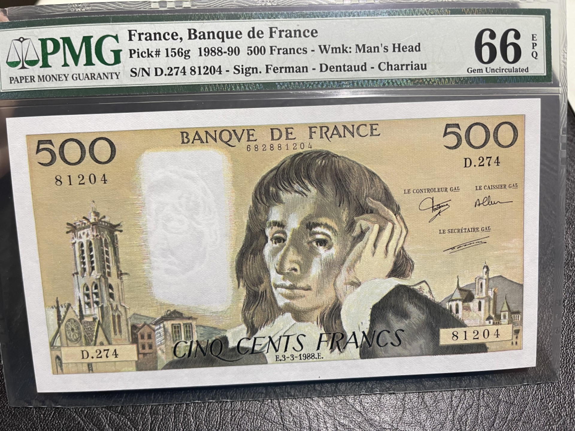 外钞收藏家》第一百七十四期拍卖 1988年法国500法郎 PMG66 大票幅