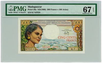 【Blue Auction】✨世界纸币精拍第174期——冠军之夜（共95拍） - 【冠军分】马达加斯加1966年500法郎加盖100阿里亚里 旅人蕉 PMG 67EPQ 高分稀少