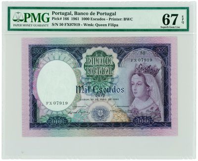 【Blue Auction】✨世界纸币精拍第174期——冠军之夜（共95拍） - 【冠军分】葡萄牙1961年1000埃斯库多 PMG 67EPQ 费利佩王后 高分稀少