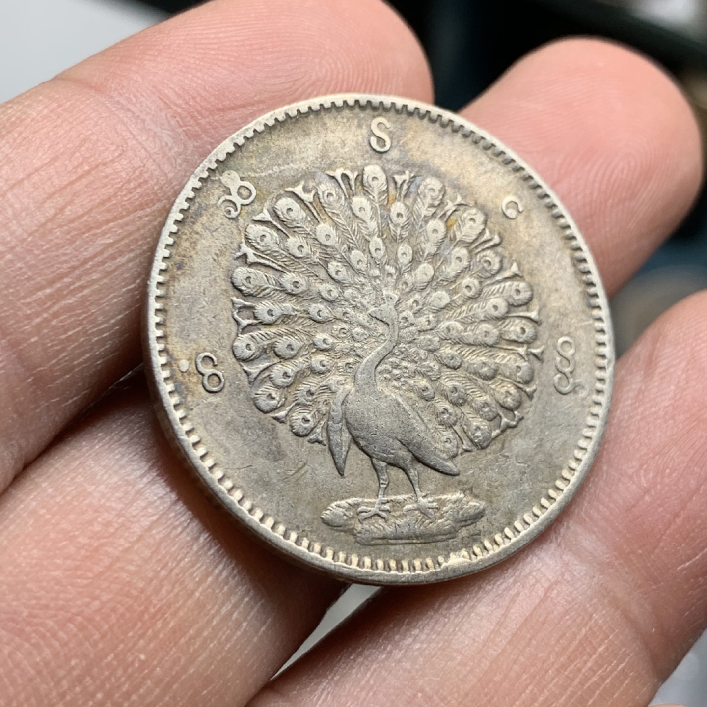 《竞宝斋》第47场-本周日，周一2场连拍（全场不限金额包邮） 最美动物  1852年缅甸孔雀开屏KYAT银币  缅甸第一套机制币 原味包浆