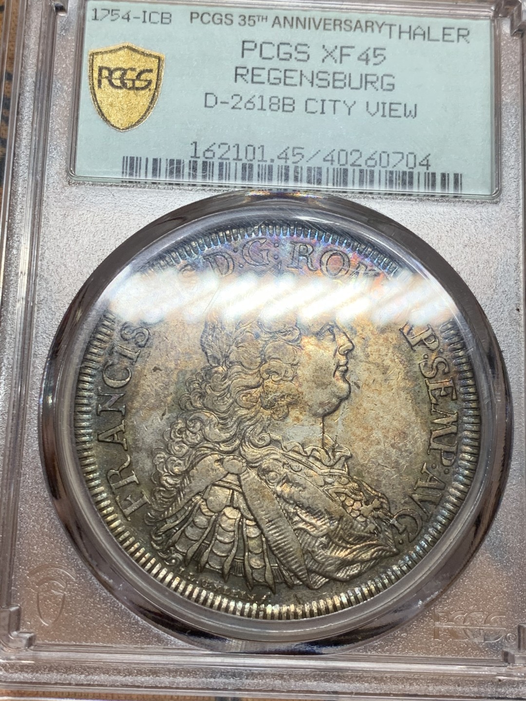 《竞宝斋》第47场-本周日，周一2场连拍（全场不限金额包邮） 1754年德国雷根斯堡城市景观五彩泰勒 PCGS XF45 双面五彩 PCGS35周年纪念盒