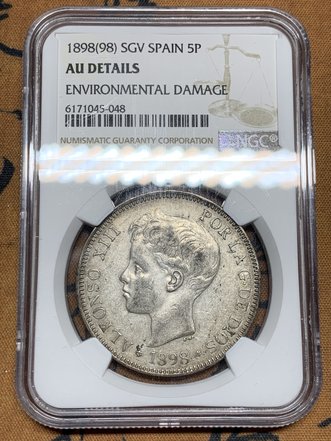 《竞宝斋》第47场-本周日，周一2场连拍（全场不限金额包邮） NGC AU评级 西班牙 1898年 阿方索十三世 小孩头 5比塞塔 双柱银币 原味好品 底光清晰