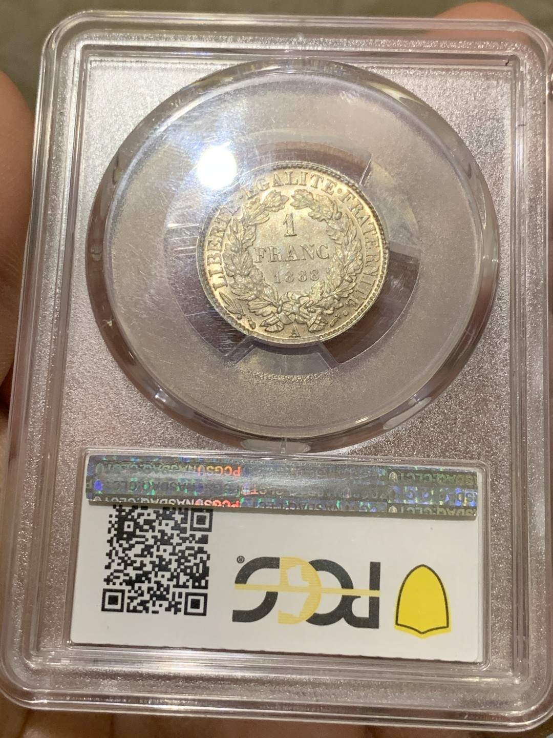 《竞宝斋》第47场-本周日，周一2场连拍（全场不限金额包邮） PCGS MS62 法国 1888 第三共和国 1法郎银币A版 BU五彩玫瑰金 好年份好彩好状态