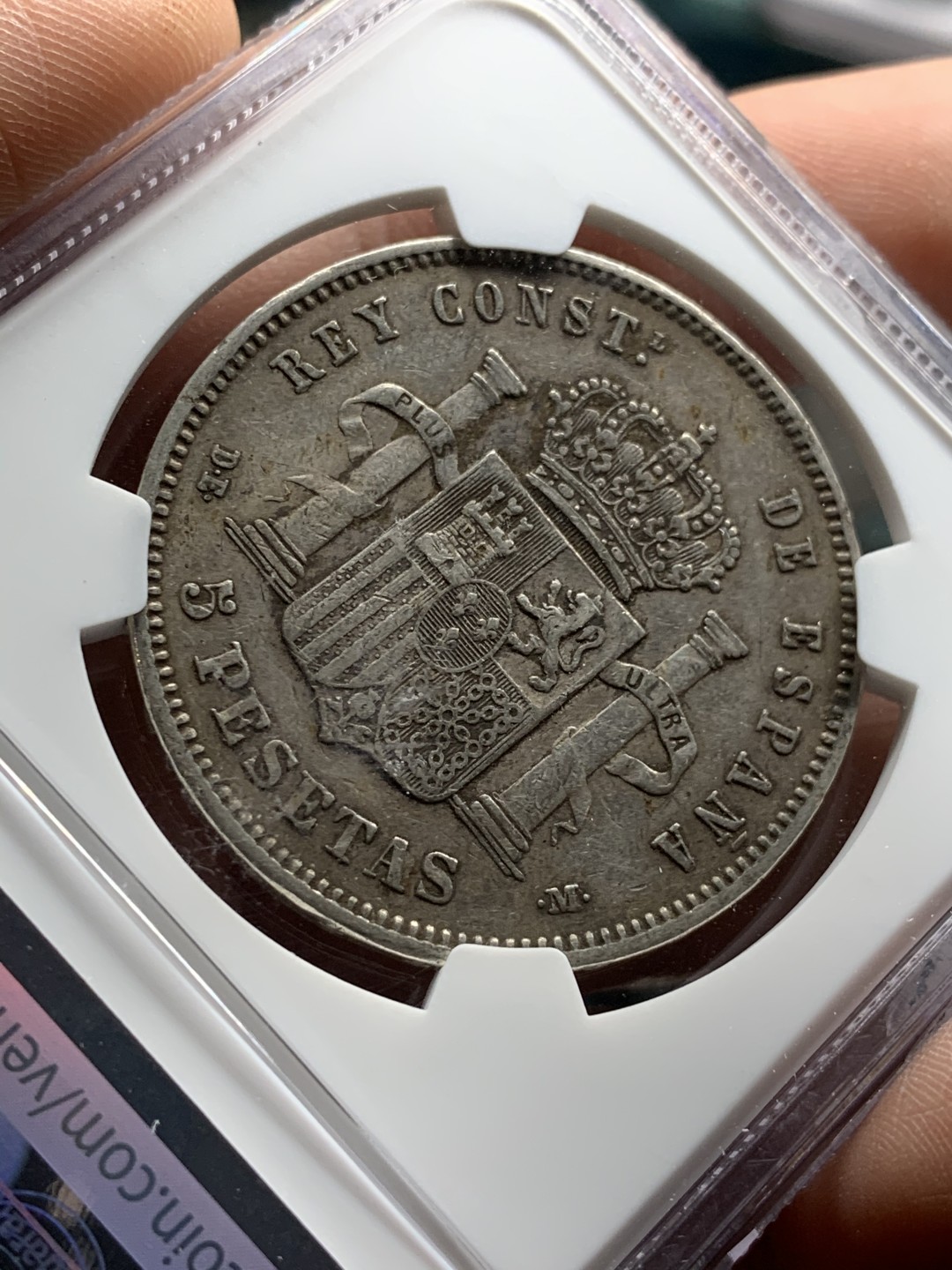 《竞宝斋》第47场-本周日，周一2场连拍（全场不限金额包邮） NGC XF45 西班牙 1877年 阿方索十二世 青年头 5比塞塔 双柱银币 原味好品 少见头像