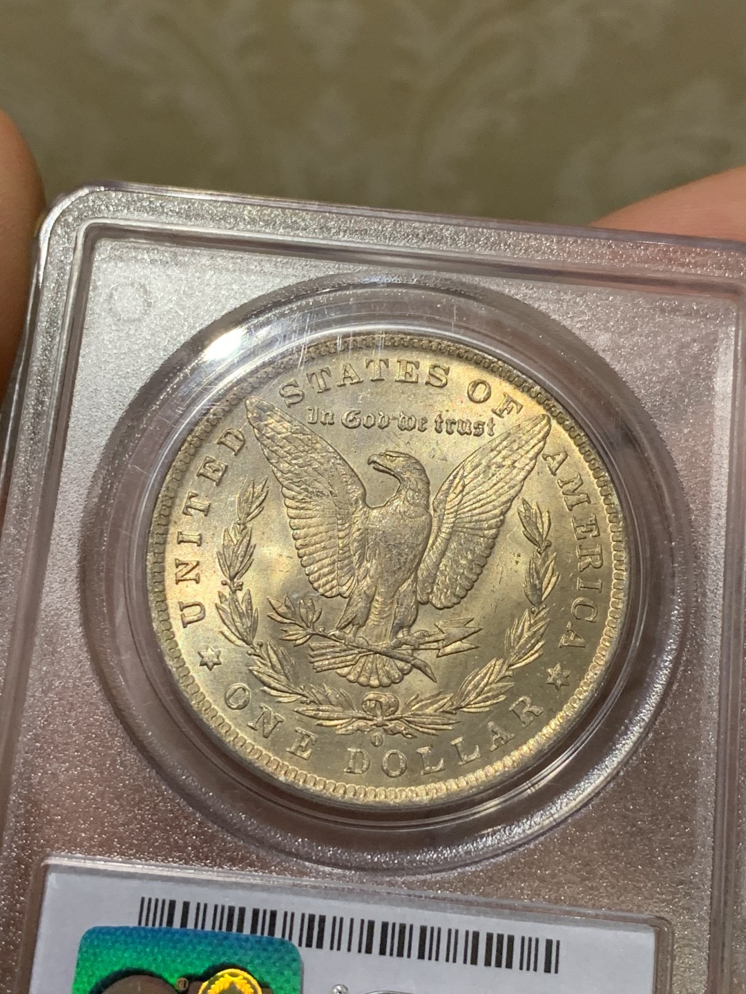 《竞宝斋》第47场-本周日，周一2场连拍（全场不限金额包邮） PCGS-MS64 1884年O厂 摩根银币 鹰面金黄包浆 女神面原光 无瑕疵