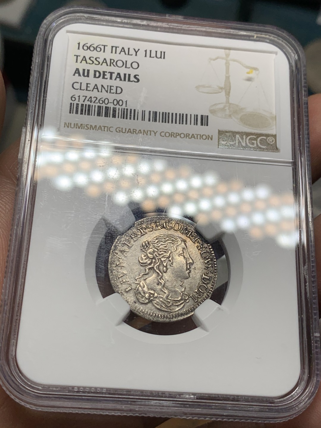 《竞宝斋》第47场-本周日，周一2场连拍（全场不限金额包邮） NGC-AUD 意大利塔萨罗洛 1666年好年份1LUI少女银币 早期难觅品种好品相 国外价格超高