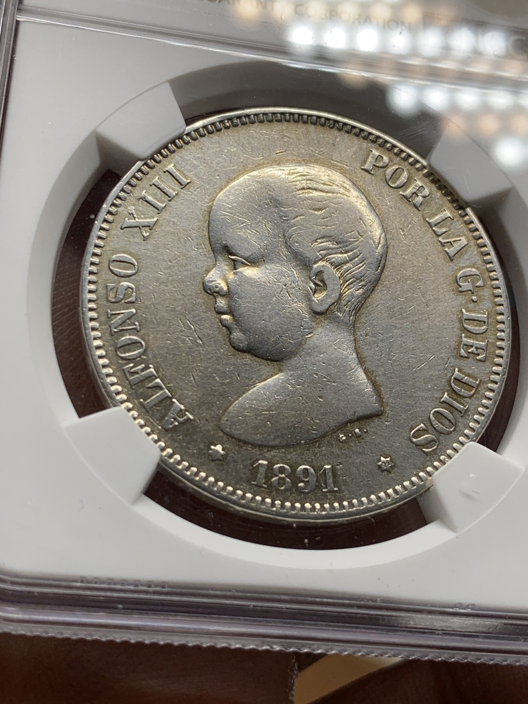 《竞宝斋》第47场-本周日，周一2场连拍（全场不限金额包邮） 1891年西班牙阿方索十三世5比塞塔银币NGC XF-DETAILS