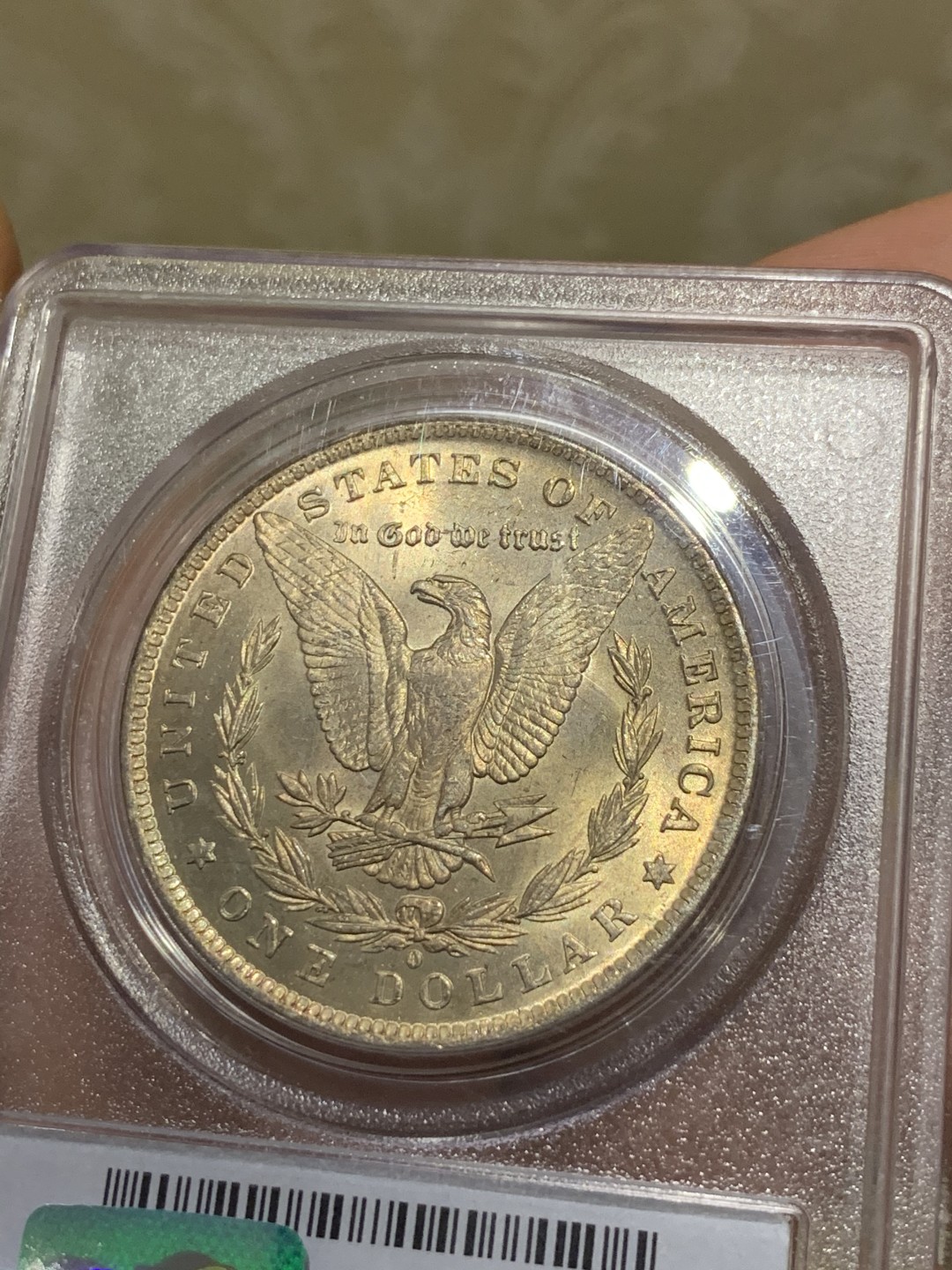 《竞宝斋》第47场-本周日，周一2场连拍（全场不限金额包邮） PCGS-MS64 1884年O厂 摩根银币 鹰面金黄包浆 女神面原光 无瑕疵