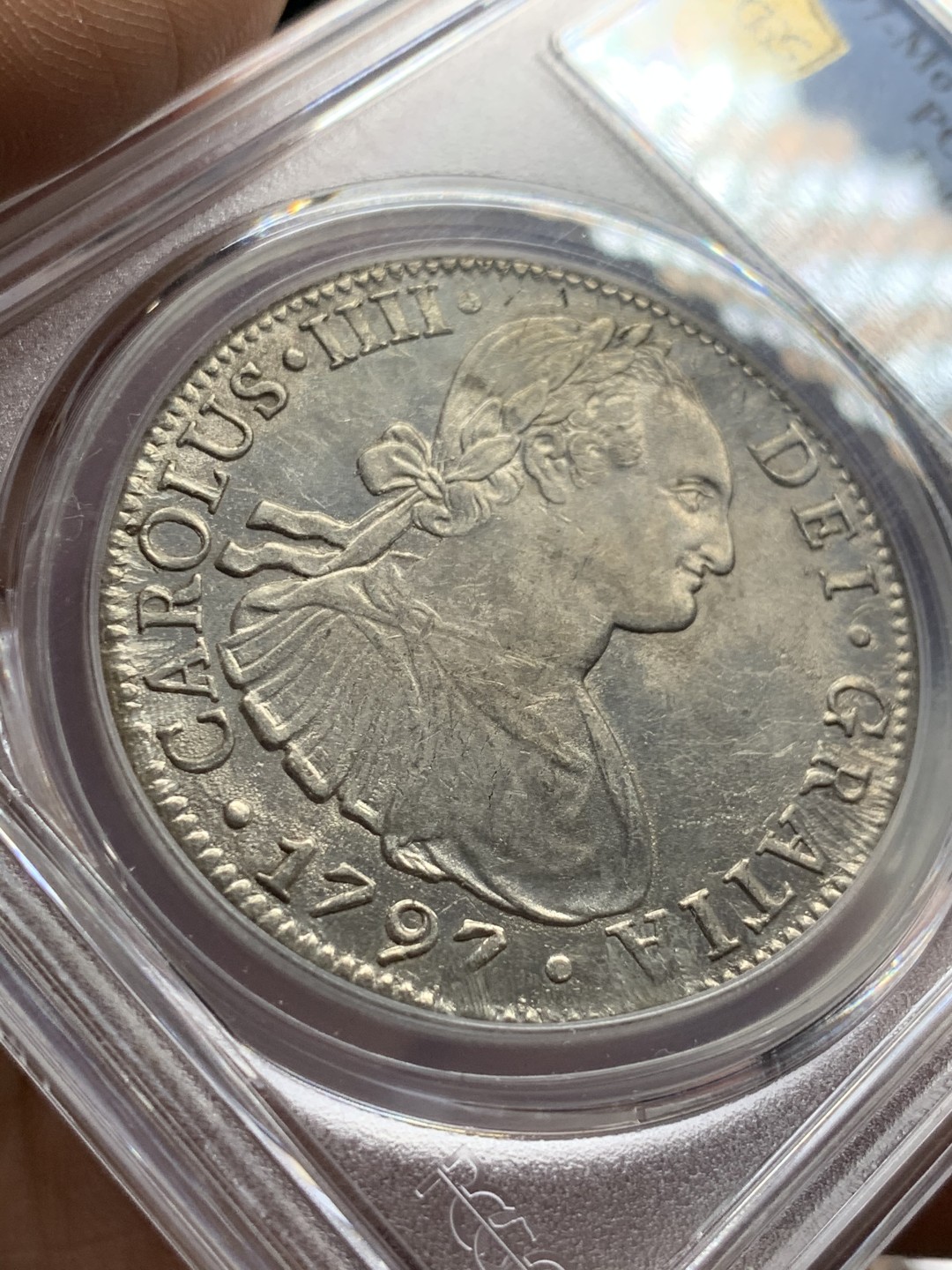 《竞宝斋》第47场-本周日，周一2场连拍（全场不限金额包邮） PCGS AUD 墨西哥 1797年 卡四 双柱银币 正反深打，状态不错