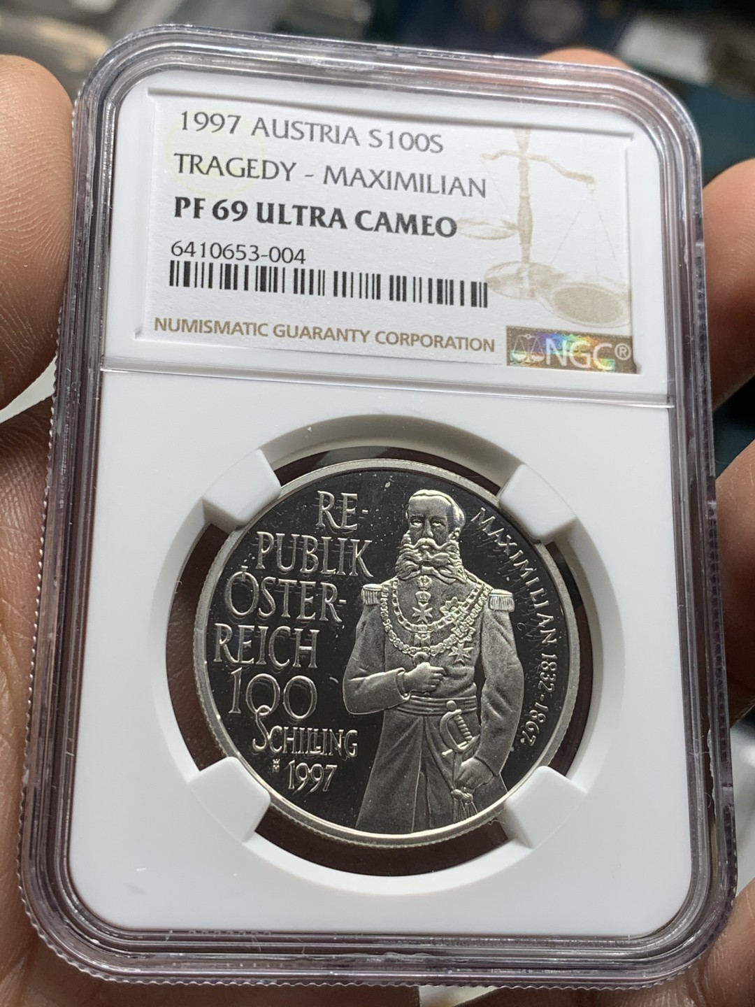 《竞宝斋》第47场-本周日，周一2场连拍（全场不限金额包邮） 1997年奥地利精铸镜面马克西米利一世100先令NGC PF-69 