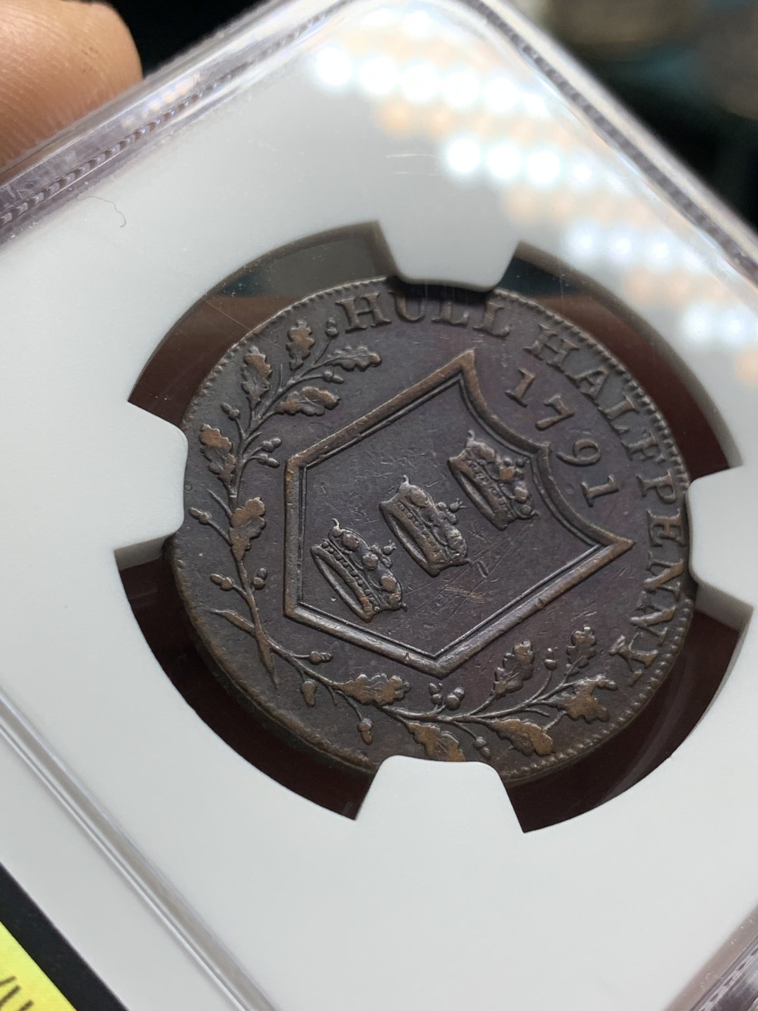 《竞宝斋》第47场-本周日，周一2场连拍（全场不限金额包邮） NGC XF 英国 约克郡 1791年 半便士 代币 token