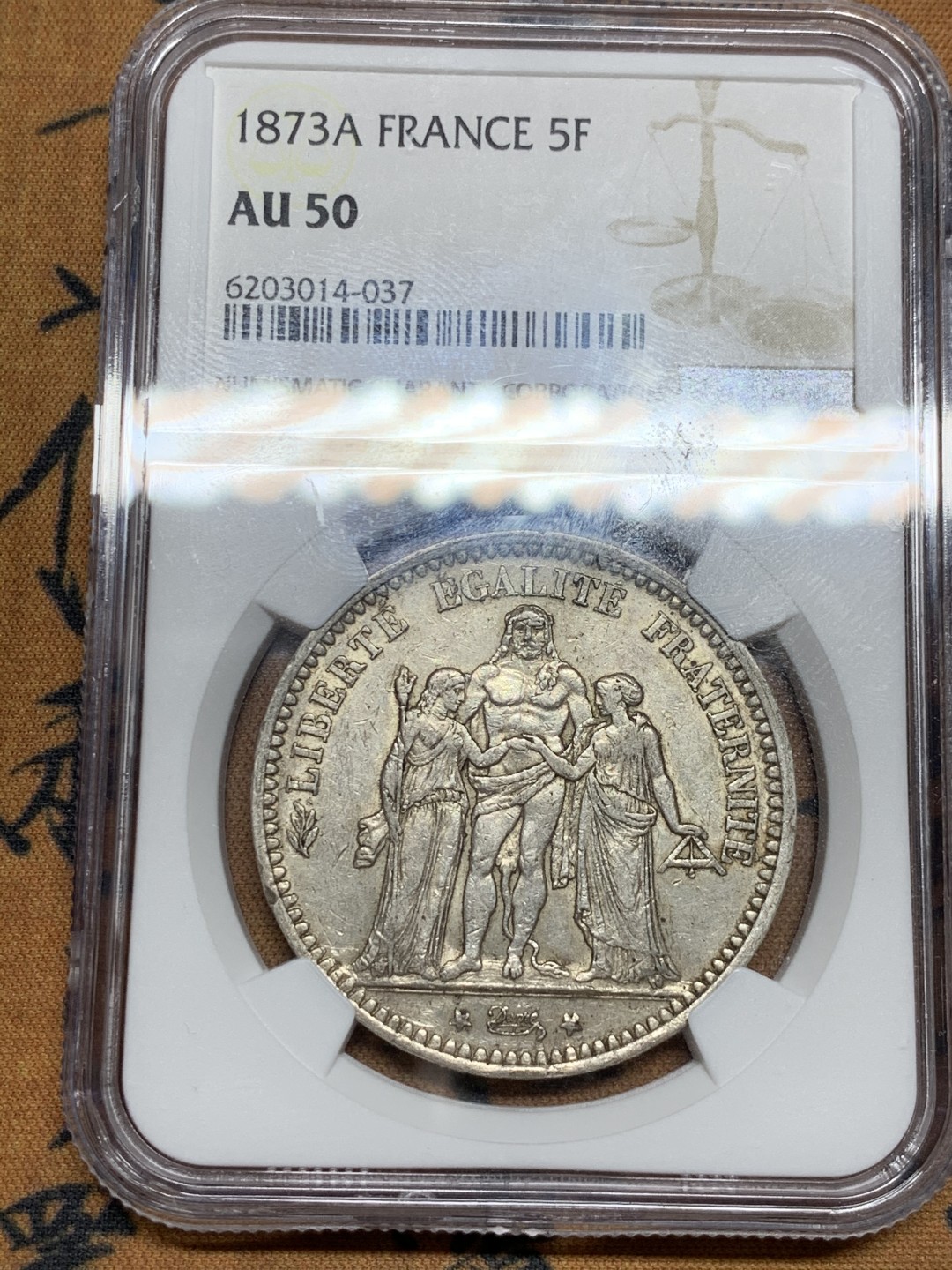 《竞宝斋》第47场-本周日，周一2场连拍（全场不限金额包邮） NGC AU50 法国 1873年 大力神5法郎 银币