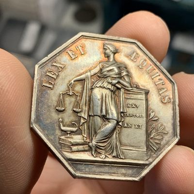 《竞宝斋》第47场-本周日，周一2场连拍（全场不限金额包邮） - 法国 超大规格 五彩包浆 里尔区公证人 八角银质代币 19.6克，对角直径36.7mm 丰饶角 银标