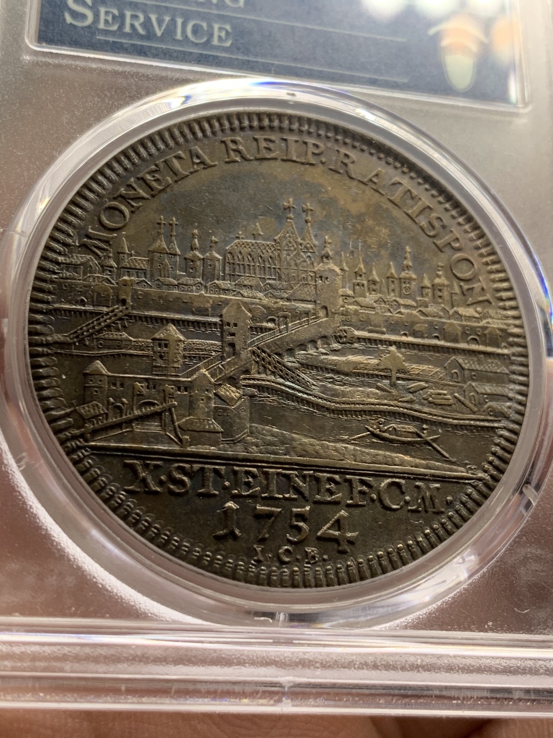 《竞宝斋》第47场-本周日，周一2场连拍（全场不限金额包邮） 1754年德国雷根斯堡城市景观五彩泰勒 PCGS XF45 双面五彩 PCGS35周年纪念盒