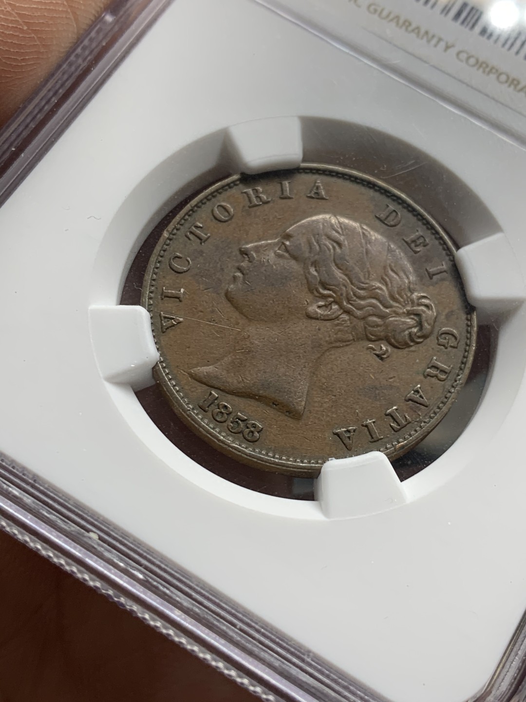 《竞宝斋》第47场-本周日，周一2场连拍（全场不限金额包邮） NGC AU53 英国 1858年 维多利亚女王早期 半便士铜币（应该是1858/7骑字版 没标注）