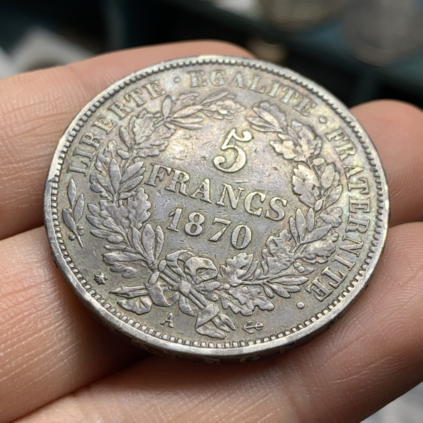 《竞宝斋》第47场-本周日，周一2场连拍（全场不限金额包邮） 法国 1870年 谷物女神 5法郎 银币 原味包浆 难得状态