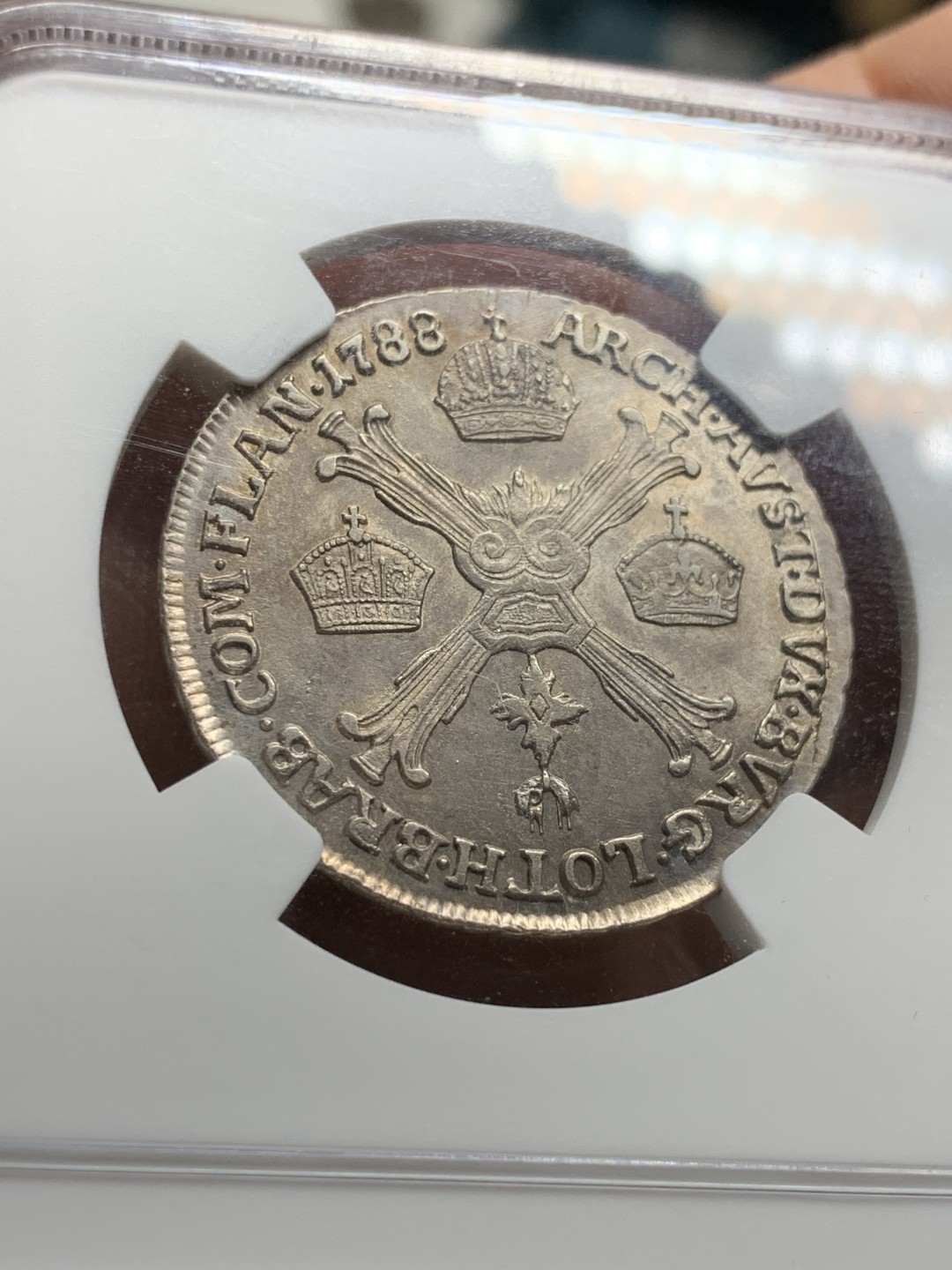 《竞宝斋》第47场-本周日，周一2场连拍（全场不限金额包邮） NGC AU  1788年H版奥属荷兰1/4KT银币 克兰斯目录无定价