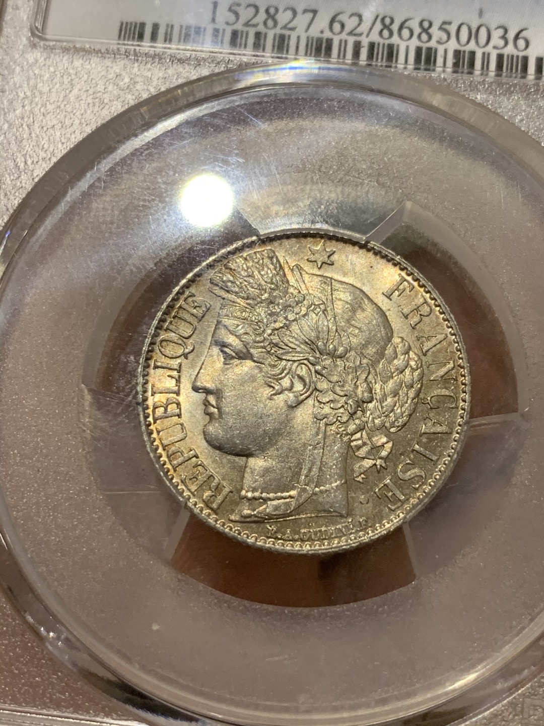 《竞宝斋》第47场-本周日，周一2场连拍（全场不限金额包邮） PCGS MS62 法国 1888 第三共和国 1法郎银币A版 BU五彩玫瑰金 好年份好彩好状态