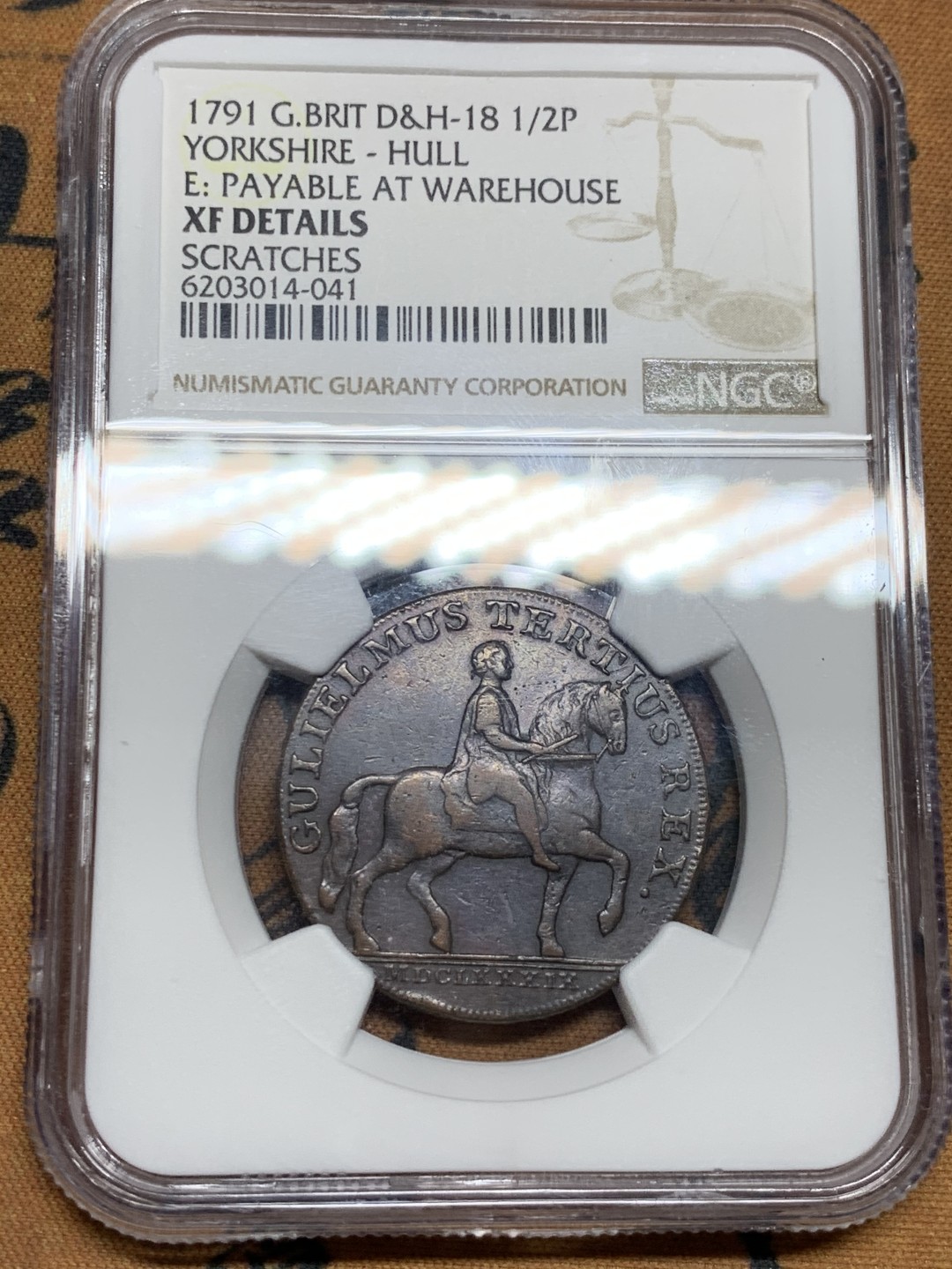 《竞宝斋》第47场-本周日，周一2场连拍（全场不限金额包邮） NGC XF 英国 约克郡 1791年 半便士 代币 token