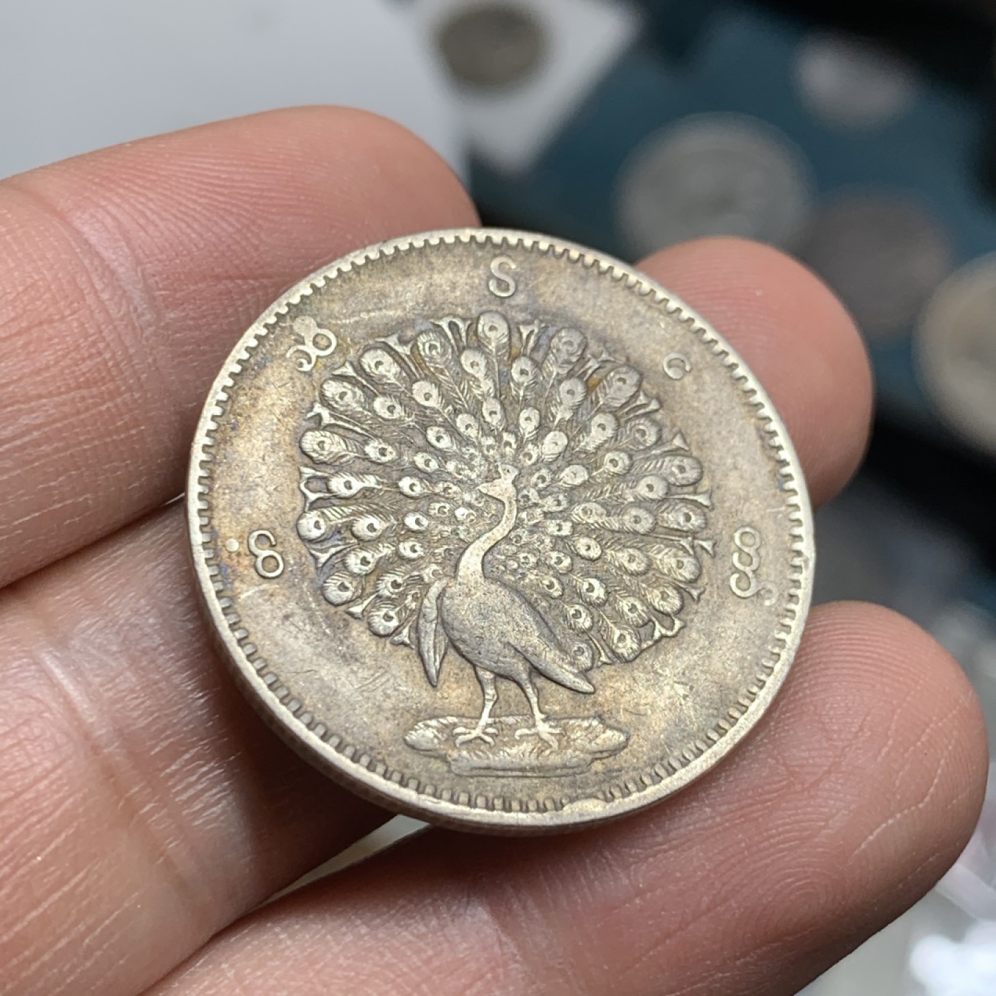 《竞宝斋》第47场-本周日，周一2场连拍（全场不限金额包邮） 最美动物  1852年缅甸孔雀开屏KYAT银币  缅甸第一套机制币 原味包浆