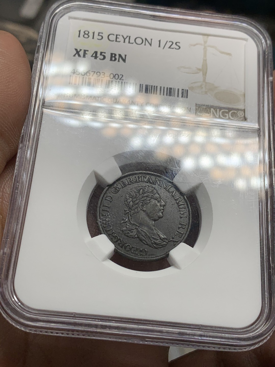 《竞宝斋》第47场-本周日，周一2场连拍（全场不限金额包邮） NGC XF45 英属 1815 锡兰 大象 1/2S 原味好品