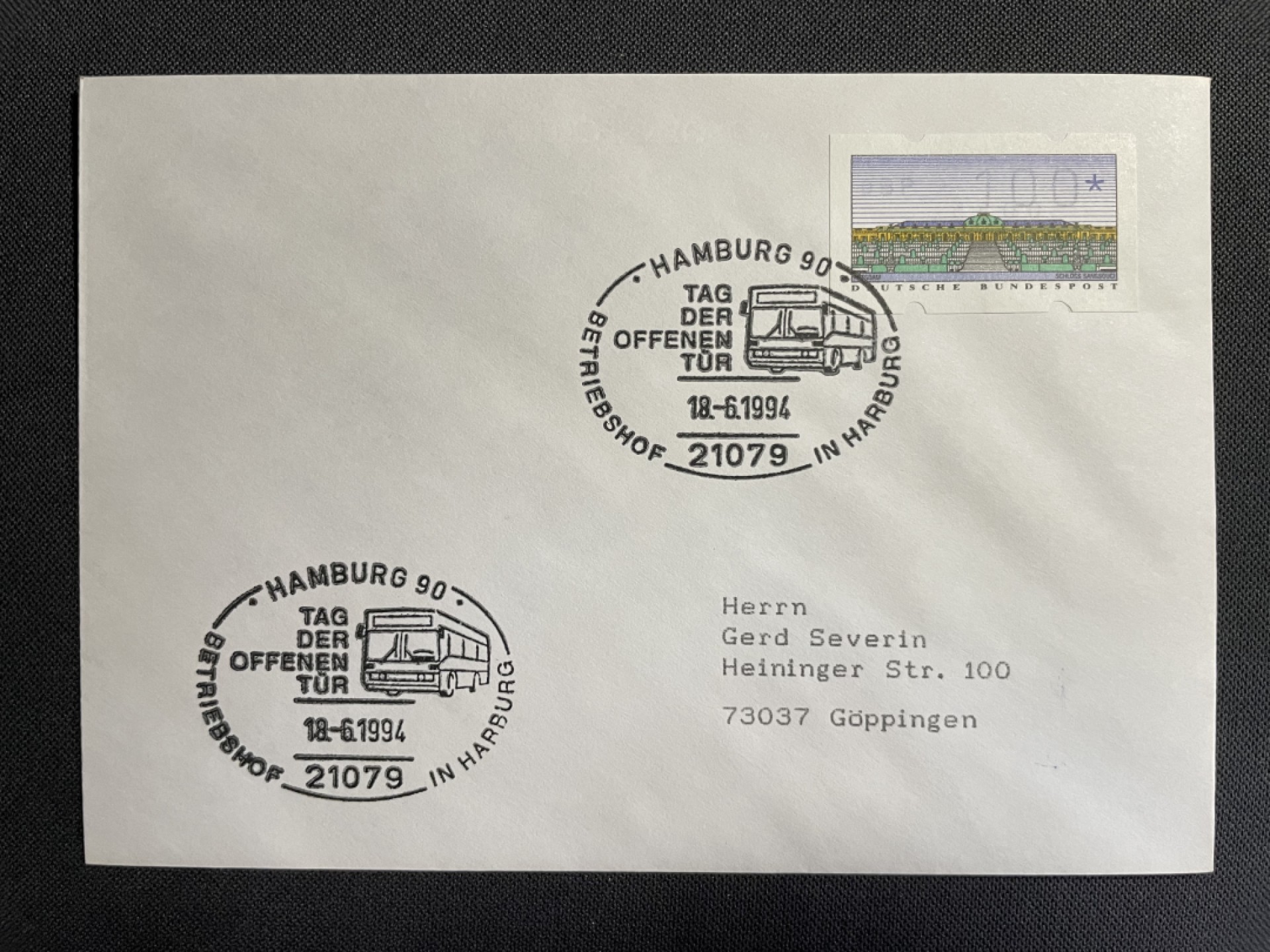 【第13期】莲池邮币国际拍卖 【秒杀】德国 1990 汉堡公交车 纪念戳实寄封一个