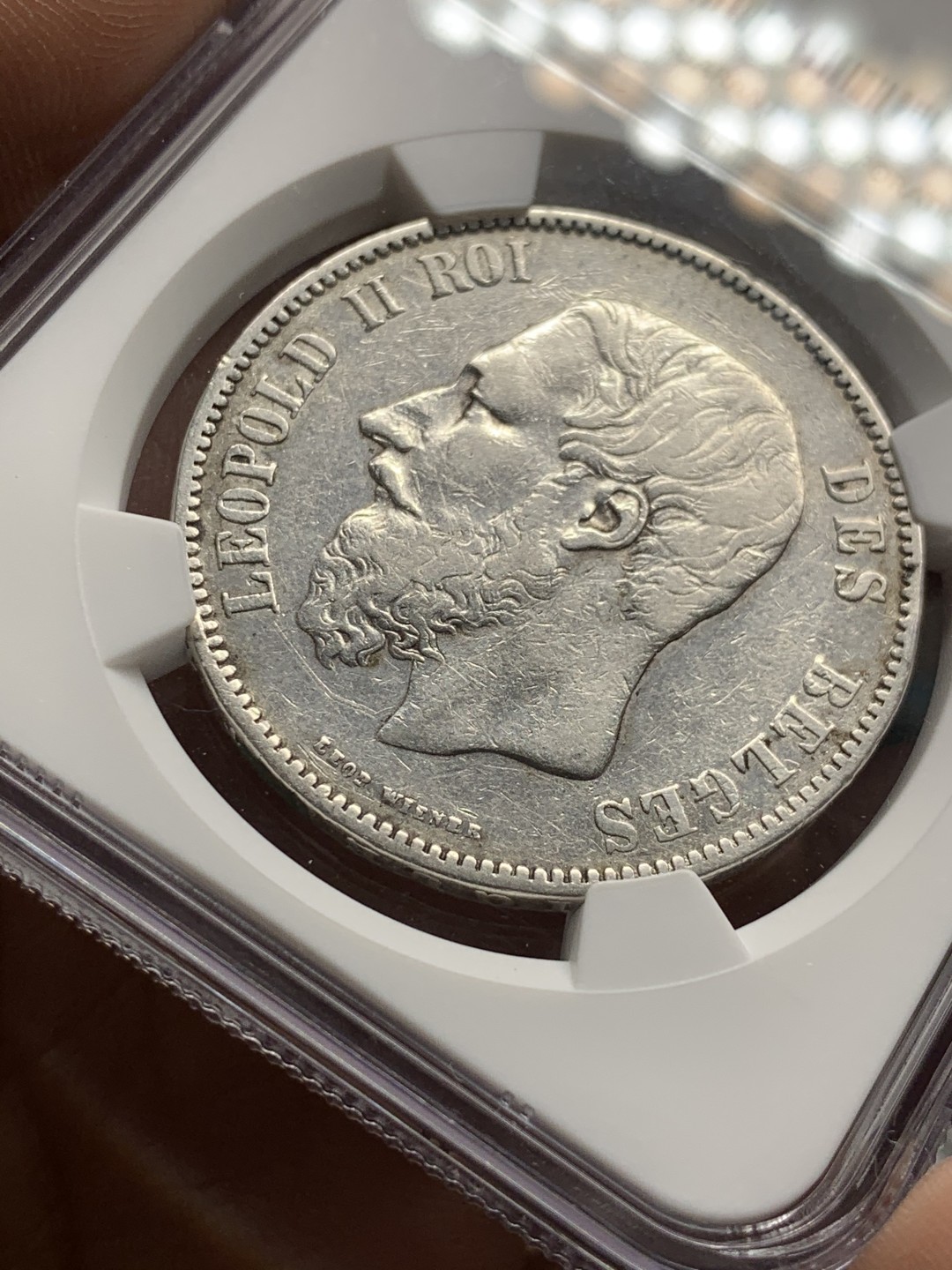 《竞宝斋》第47场-本周日，周一2场连拍（全场不限金额包邮） 1876年比利时利奥波德二世5法郎银币 NGC XF-DETAILS