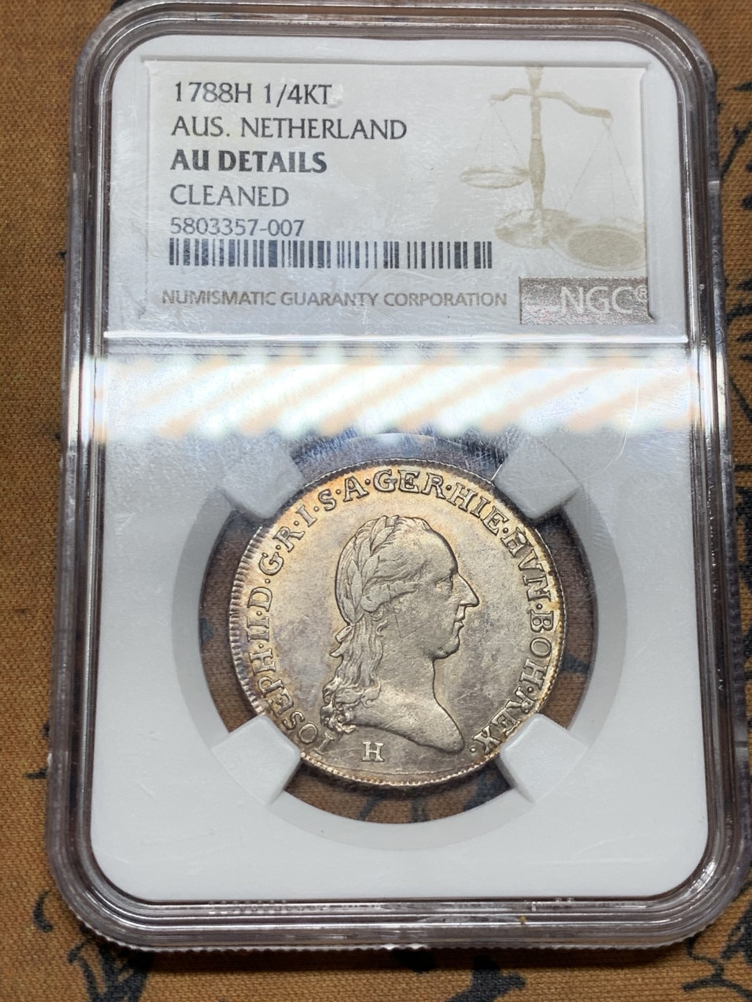 《竞宝斋》第47场-本周日，周一2场连拍（全场不限金额包邮） NGC AU  1788年H版奥属荷兰1/4KT银币 克兰斯目录无定价