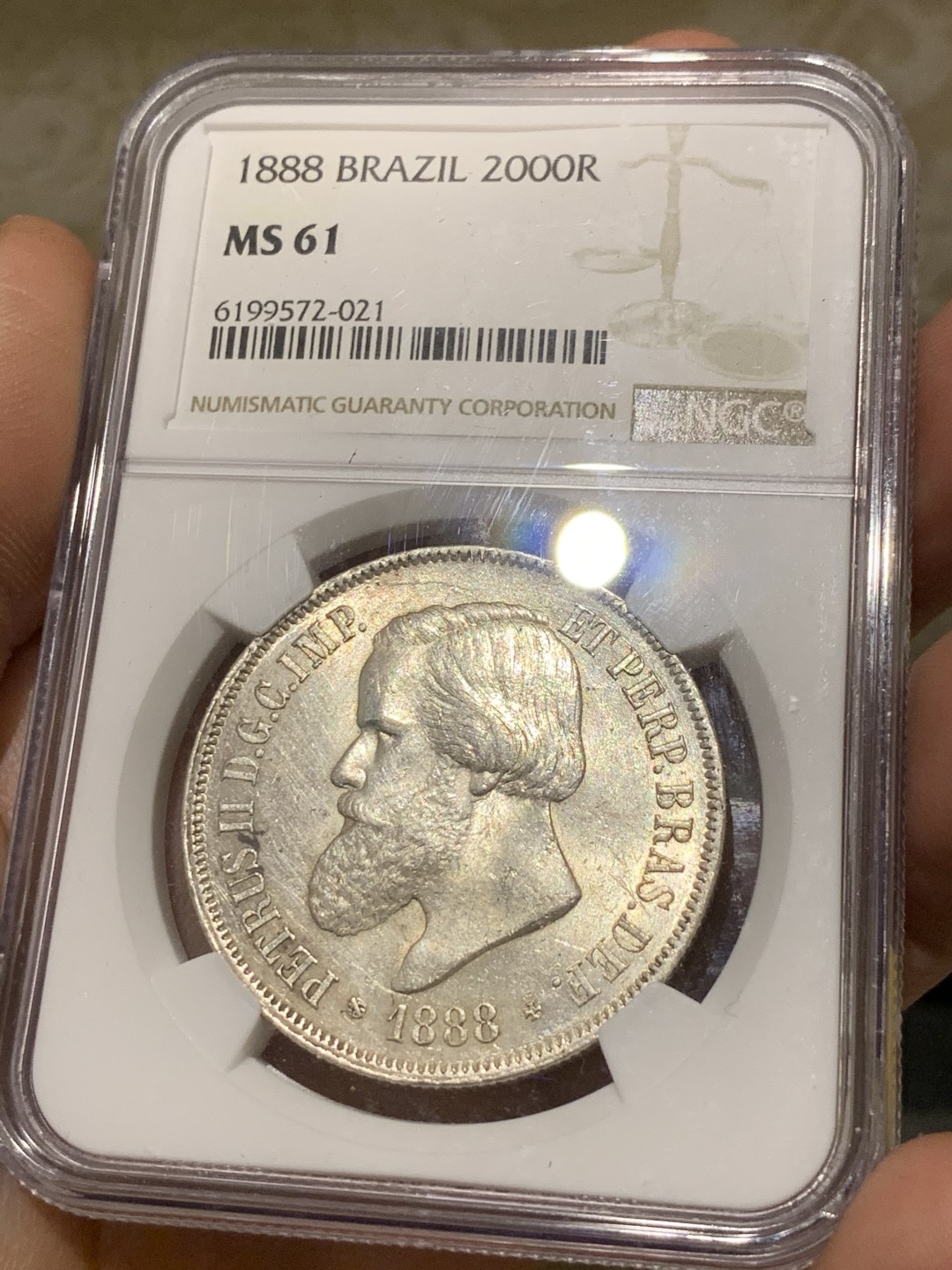 《竞宝斋》第47场-本周日，周一2场连拍（全场不限金额包邮） NGC-MS61 巴西帝国 1888年 佩德罗二世2000瑞斯大银币 潜力品种+热门年份