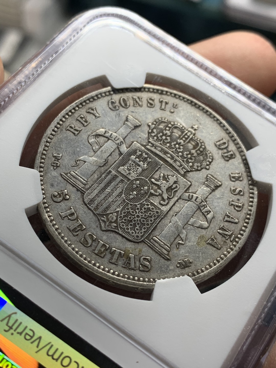 《竞宝斋》第47场-本周日，周一2场连拍（全场不限金额包邮） NGC AU评级 西班牙 1892年 阿方索十三世 爆炸头 5比塞塔 双柱银币 状态不错