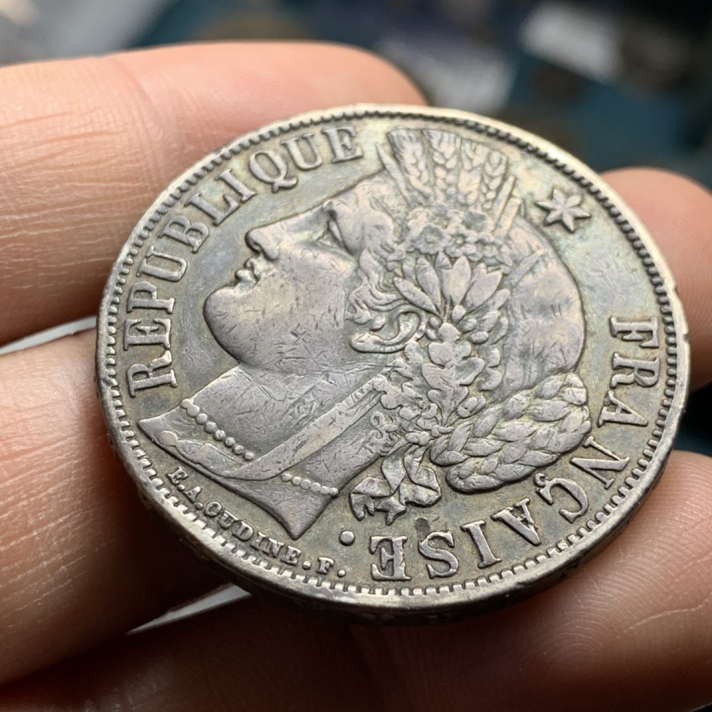 《竞宝斋》第47场-本周日，周一2场连拍（全场不限金额包邮） 法国 1870年 谷物女神 5法郎 银币 原味包浆 难得状态