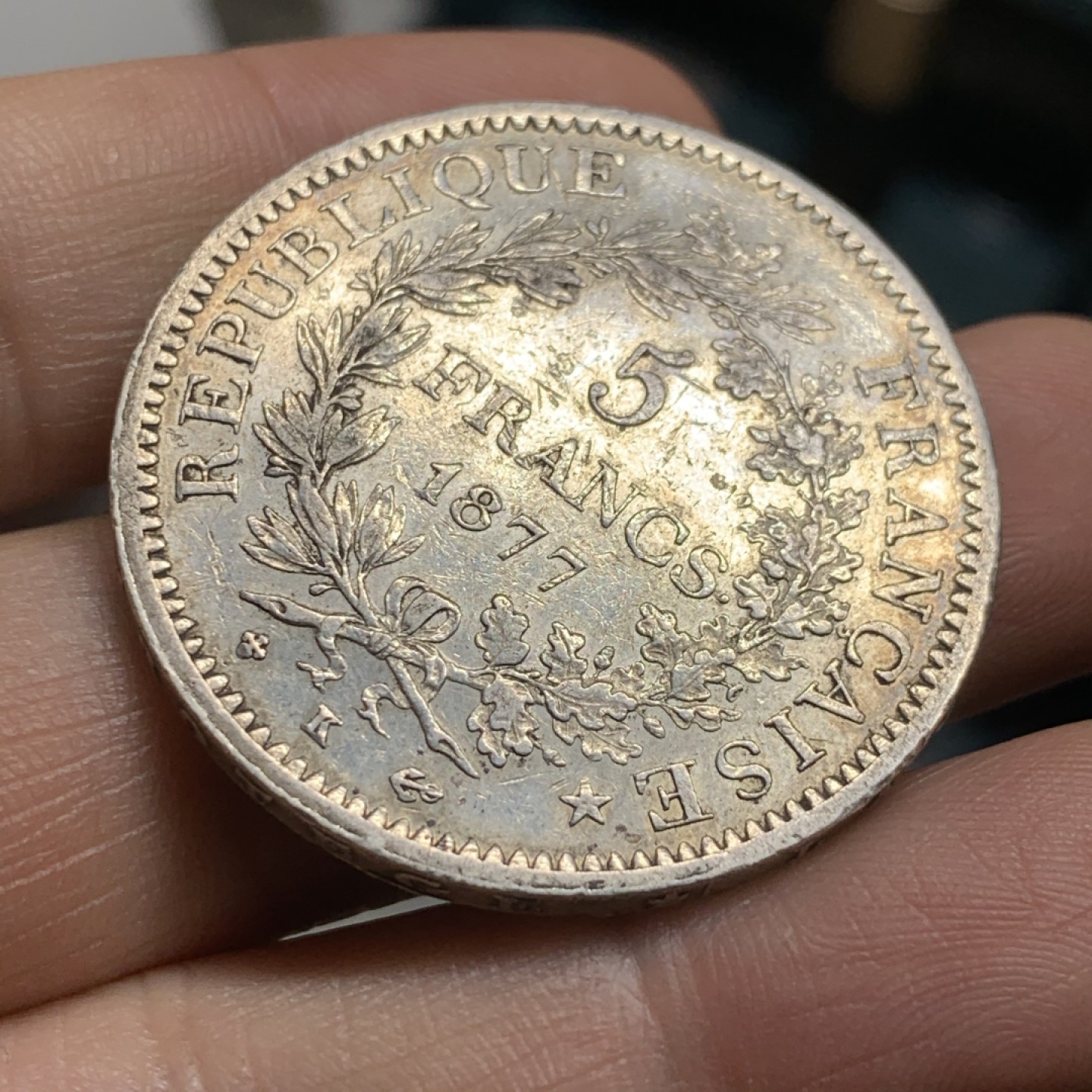 《竞宝斋》第47场-本周日，周一2场连拍（全场不限金额包邮） 法国 1877-K年 大力神 5法郎 大银币 较少厂名 细节不错