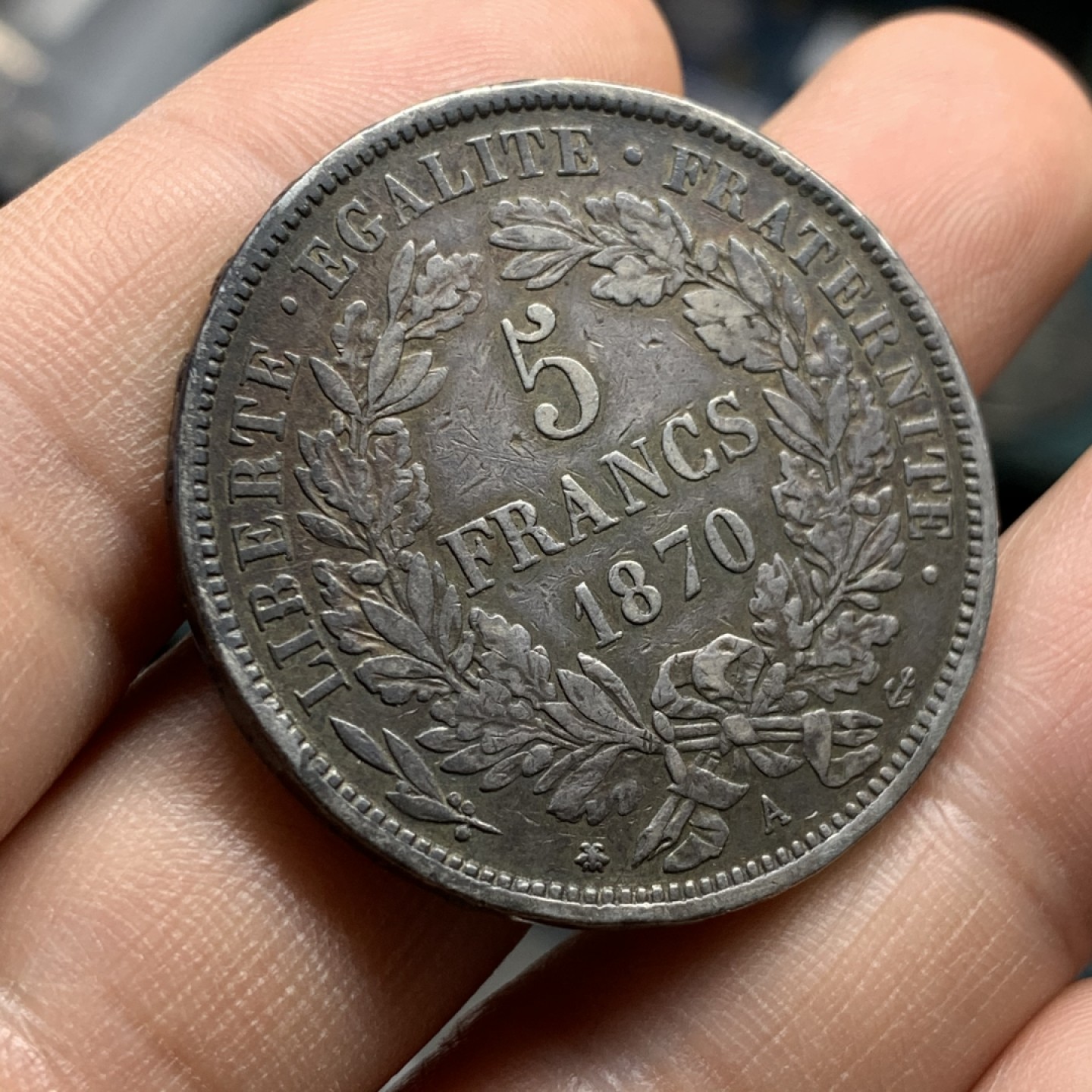 《竞宝斋》第47场-本周日，周一2场连拍（全场不限金额包邮） 法国 1870年 谷物女神 5法郎 银币 原味包浆 难得状态