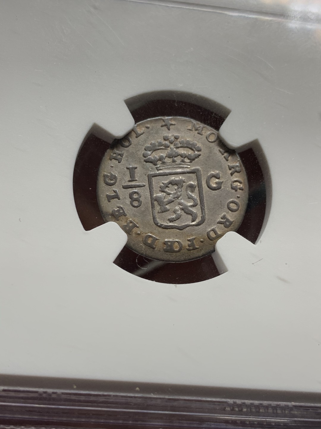 《竞宝斋》第47场-本周日，周一2场连拍（全场不限金额包邮） NGC XF40 荷属 巴达维亚共和国 1802年 1/8G 好味道好状态 船和狮子轮廓清晰 少见品种